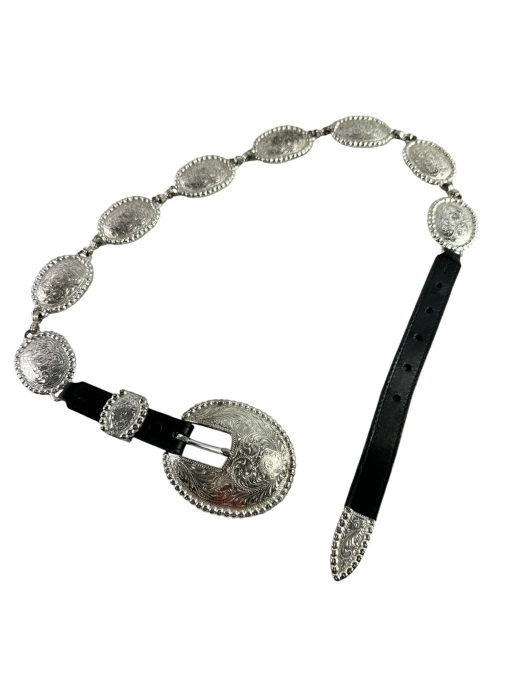 Genuine Vintage TONY LAMA Black Leather Concho Silver Western Bohemian Belt 28 - Picture 8 of 11